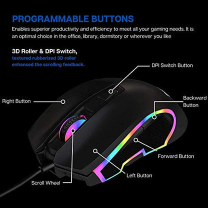 Philips Wired PC Gaming Mouse RGB Spectrum Backlit Ergonomic Mouse, Programmable Buttons Up to 6400 Adjustable DPI Optical USB Computer Mice for Windows PC Gamers