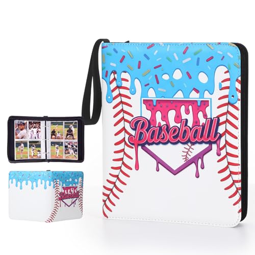 Pasimy 400 Pockets Baseball Card Binder for Trading Cards 4 Pockets with 50 Removable Sleeves 3 Ring Baseball Card Holder Binder with Zipper for Sport Collection Book Storage Album Organizer - color: Blue, size: 9.45 x 7.48 Inch, style: Ice Cream