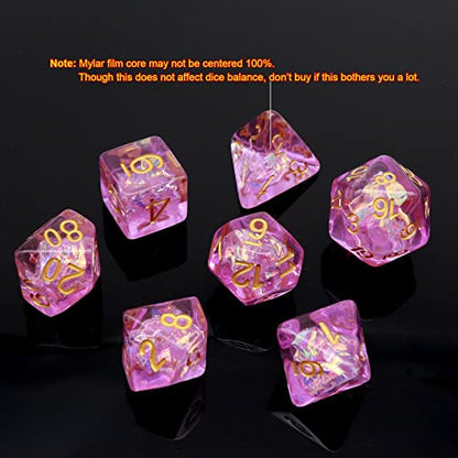Haxtec Purple DND Dice Set 7PCS Resin Polyhedral D&D Dice with Bag, Iridescent Mylar Inclusion Dice for Roleplaying Games Compatible with Dungeons and Dragons Gift - color: Light Purple