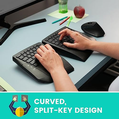 Perixx PERIBOARD-624B US, Wireless Ergonomic Split Keyboard - Up 30 Ft Separation - Adjustable Tilt Angle - Low Profile Membrane Keys - Black - US English - style: Wireless