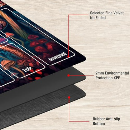 Board Game Mat TCG Playmat Plus 50 Pcs Card Sleeves, 24 x 14 inches Table Mats Games Mousepad with Zones Smooth Surface for MTG RPG CCG Trading Card Game Play Mats, Neon Mushroom - color: Neon Mushroom, size: Zone 1