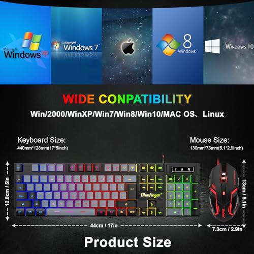 BlueFinger RGB Gaming Keyboard and Backlit Mouse Combo, USB Wired, LED Gaming Set for Laptop PC Computer Game and Work(Black & Gray) - color: Black & Gray