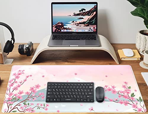 Japanese Desk Mat Pastel Pink Cherry Blossom Mouse Pad Mt Fuji Japan Large Gaming Anime Mousepad XXL 31.5x15.75 in, Kawaii Aesthetic Flower Cute Women Office Decor Computer Laptop Keyboard Mat - color: C-pastel Pink Cherry Blossom