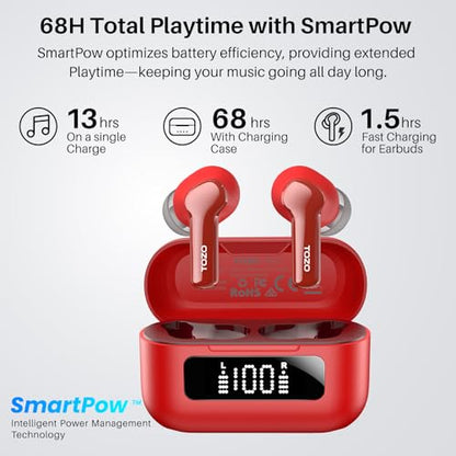 TOZO Hybrid Active Noise Cancelling Wireless Earbuds 6 Mics AI Clear Call | 68H Playtime LED Display 32 Preset EQs App Bluetooth 5.3 IPX8 Waterproof Ear Buds - color: Red