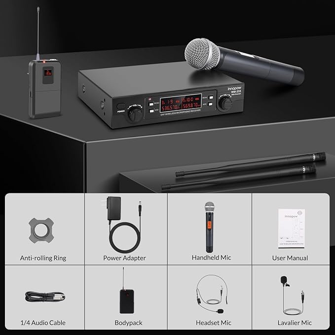 innopow 200-Channel Wireless Microphones System, Wireless Lavalier Microphone, Dual UHF Bodypack Cordless Lavalier Mic System Set, Auto Scan, Long Range 200-240Ft, 16 Hours Ideal for Church (Black)