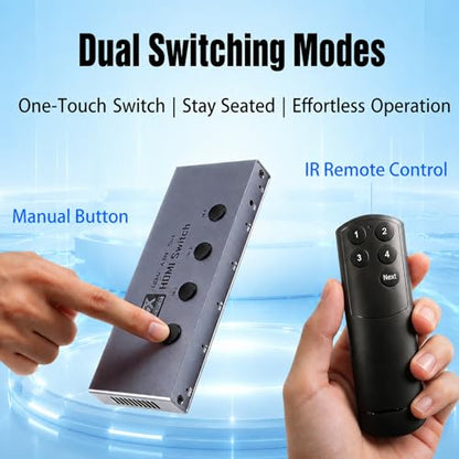 HDMI Switch 4 in 1 Out, 8K@60Hz HDMI 2.1 Switcher with Remote, 48Gbps | 4 Port HDMI Selector for Gaming Console, PC & TV Box to TV, Monitor or Projector; 4K@240Hz, HDR10+, VRR, ALLM & CEC