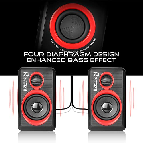 Computer Speakers, 2.0 CH PC Speakers with Surround Sound, USB Wired Laptop Speakers with Deep Bass for Desktop Computer/PC/Laptops/Smart Phone Build-in 4 Loudspeaker Diaphragm Reccazr SP2040|RED - color: Black & Red