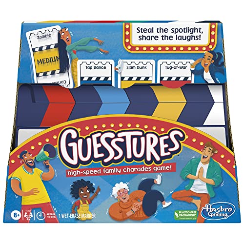 Hasbro Gaming Guesstures Game, Charades Games for 4 or More Players, Includes Customizable Cards and Clapper, Family Party Game for Ages 8 and Up