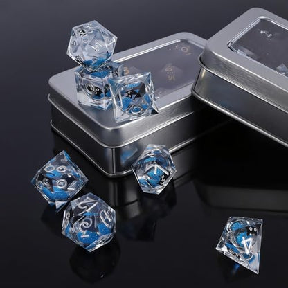 Liquid Core Dice,Cat DND Dice Set with Box,7Pcs Resin Dungeons Dragons D and D Dice, Sharp Edge Role Playing Game Dice D20 D12 D10 D8 D6 D4. (Blue) - color: Blue