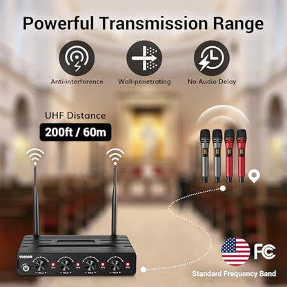 TONOR Wireless Microphones System with 4x10 Channels Cordless Handheld Microfono Inalambrico, UHF Mics with Stable Signal Transmission for Karaoke Singing Party Church Wedding 60 m/200ft Red - style: 4 Handheld Mics Grey&Red