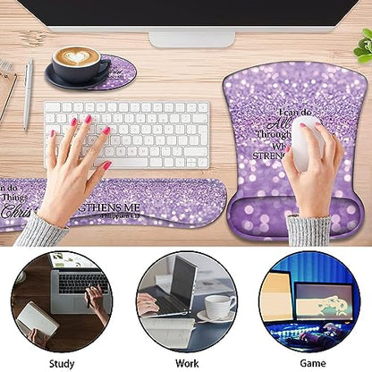 Keyboard Wrist Support + Wrist Mousepad + Coaster Combination, Non-Slip PU Base, with Gel Memory Mousepad, Suitable for Gaming, Office Pain Relief Mousepad Set - Purple Glitter Quote Philippians 4-13 - color: Purple Glitter Quote Philippians 4-13
