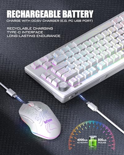 RedThunder K75 Wireless Keyboard and Mouse Combo,75% Membrane Side-Engraved Keyboard,Optical Gaming Mouse with 4800DPI,3 Modes(BT/2.4G/Wired),Dual System,RGB Backlit,Rechargeable Battery,Contour White - color: White Contour Line