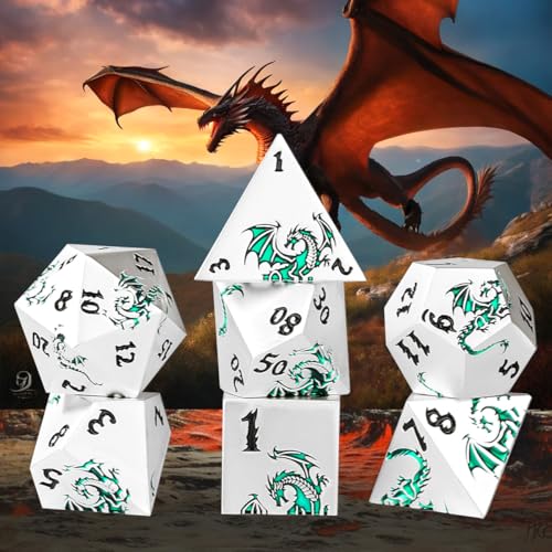 Metal Dice Set, Flat Face White Green Dragon Pattern, 7pcs Polyhedral Metal DND Dice Set, DND Starter Set, D&D Gifts with Gift Box, Role Playing Board Games Accessories, White - color: White+green