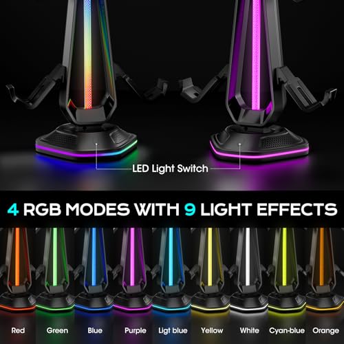 Saitake RGB Controller Holder with 9 Light Modes,Controller Stand with 2 USB Ports,Headset Stand for Desk-Headphone Holder Suitable for Xbox PS4 5 Switch Controllers Gaming Room Deco - color: Black