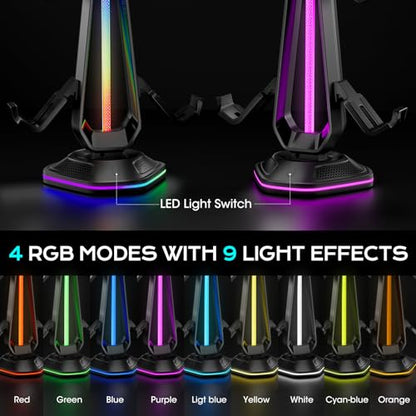 Saitake RGB Controller Holder with 9 Light Modes,Controller Stand with 2 USB Ports,Headset Stand for Desk-Headphone Holder Suitable for Xbox PS4 5 Switch Controllers Gaming Room Deco - color: Black
