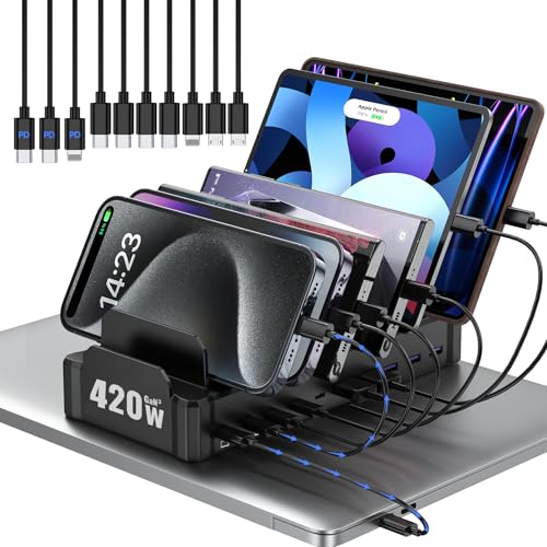 420W Charging Station for Multiple Devices, Zobirez 10-Port USB C Fast Charger Stations for MacBook, iPhone, Android Cell Phone, iPad, Tablet, Family Multi-Device Organizer Charging Dock, Black - color: Black