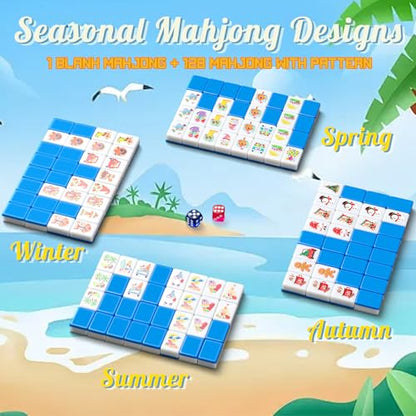 Soulchen 129 Pack 4 Players Mahjong Block Set(1.2'') Tiles Push Game Portable Travel Blue Mahjong Tiles Set with Carry Bag for Spring Summer Family Friends Party Game Gift, 32 Seasonal Pattern