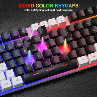 BlueFinger RGB Gaming Keyboard and Backlit Mouse Combo, USB Wired, LED Gaming Set for Laptop PC Computer Game and Work (White & Black) - color: White & Black