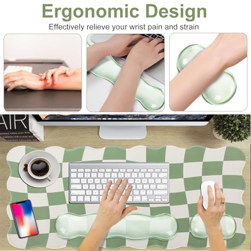L-SPOUTTO Green Checkered Mouse Pad Set,Scalloped XXL Desk Mat + Ergonomic Mouse Wrist Rest + Gel Keyboard Wrist Rest for Keyboard 65%/75%,3in1 Large Desk Pad for Desktop Home Office Computer Game - color: Green Checkered