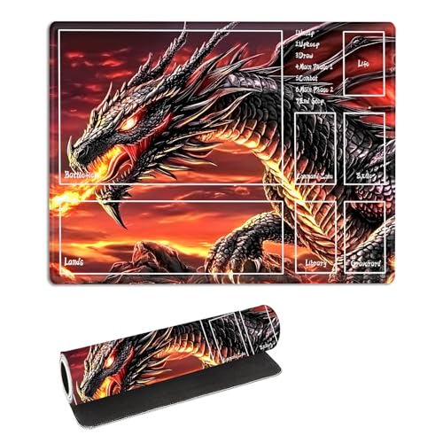 for MTG Playmat with Zones Storage Bag, for TCG Playmat and Playing Card Mat for Magic Board Games, Fire Dragon Non-Slip Stitched Edges Game Mat, Rollable Foldable Card Play mats - color: Fire Dragon, size: With Zone 17.32''x13.78''