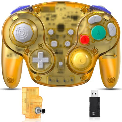 2.4 GHz Wireless GameCube Controller for Switch 1 & 2, NGC, Clear Yellow | (Built-in Vibration) (Rechargeable) (Analog Triggers / Stick) Compatible with Switch Online, Windows PC, macOS - color: Switch & NGC Receiver Transparent Yellow