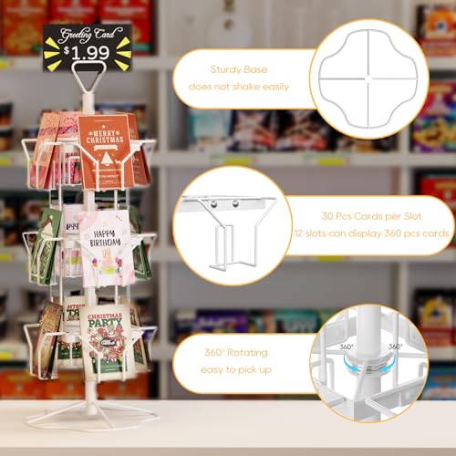 ORLESS Greeting Card Rack Display Stand, 3 Tier Rotating Card Holder Display Retail, 12 Pocket Metal Postcard Holder Display Stand, Greeting Card Holder for Postcards, Brochures, Stickers, Showcase(White) - color: White