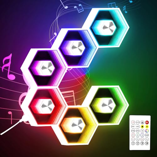6 Pack Hexagon Lights Wall Panel | Hexagonal Led Lights Room Decor Wall Lights Smart APP Music Sync Honeycomb Shape Panels Hexagon Gaming Lights Bedroom Decor - color: RGB-6pcs