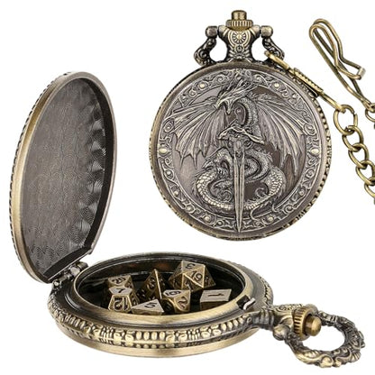 Mini DND Dice Set, Flying Dragon Holds Long Sword Pocket Watch Shell Case, DND Starter Set, 7pcs Polyhedral Metal Dice Set, D&D Gifts with Gift Bag, Role Playing Board Game Accessories,Bronze - color: Bronze