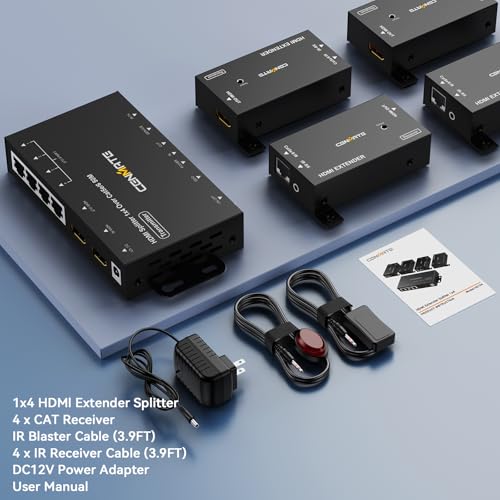 CENMATE 1x4 HDMI Extender Splitter, Up to 165FT Over CAT5e/6/7, 8 Channel Transmission with 1 HDMI Loop Out, Supports IR, 3D, HDCP, EDID, POC - size: 1x4