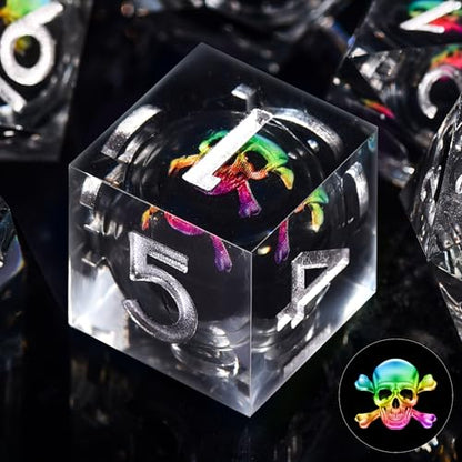 AUSTOR 7 Die DND Dice Set 7 Pieces Colourful Skull Dice DND Resin Role Playing D and D Dice D20 D12 D10 D8 D6 D4 Sharp Edge Dungeons and Dragons Dice with Case - color: Colourful Skull