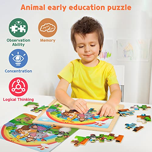 SYNARRY Large Animal Wooden Puzzles for Kids Ages 4-6, 4-in-1 Gift Set | Animal Puzzles for Toddlers & Kids Ages 3-5, Birthday Gifts for Boys & Girls, Educational Animal Toys, Screen-Free Play - style: Animals
