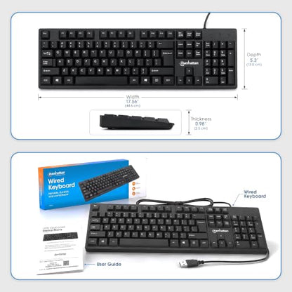 Manhattan Wired Computer Keyboard – Basic Black Keyboard - with 4.5ft USB-A Cable, 104-keys, Foldable Stands - Compatible for Windows, PC, Laptop - 3 Yr Mfg Warranty – 179324 - color: Black