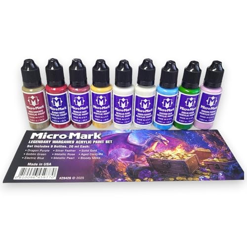 Micro-Mark Legendary Wargame Acrylic Paint Set – 9-Piece 20ml High-Pigment Acrylics for Fantasy, Sci-Fi & Tabletop Miniatures – Brush & Airbrush Compatible