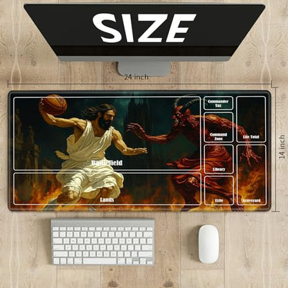 MTG Playmat with Zones, TCG Card Game Play Mat with Stitched Edges, Non-Slip Rubber Base Gaming Desk Mat, Smooth Surface 24 x 14 Inch, Jesus Play Basketball with The Devil - color: Jesus Play Basketball With the Devil, size: Zone 1