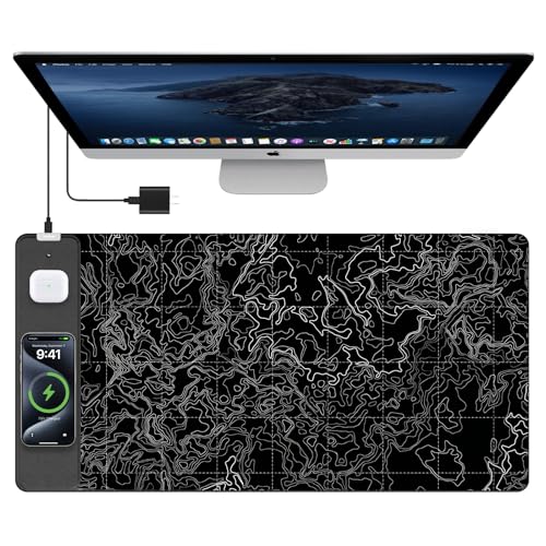 TopMade Mouse Pad with 15W Fast Wireless Charging, 31.5"x15.75" XXL Large Gaming Waterproof Desk Pad, Computer Desk Mat, Black Topographic Map #3 (Includes 20W PD Power Adapter & 6.56ft Woven Cable) - color: Black Topographic Map #3 With Adapter