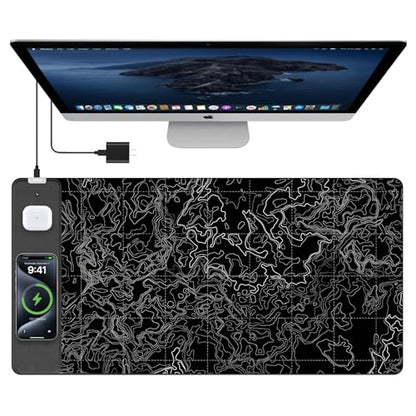 TopMade Mouse Pad with 15W Fast Wireless Charging, 31.5"x15.75" XXL Large Gaming Waterproof Desk Pad, Computer Desk Mat, Black Topographic Map #3 (Includes 20W PD Power Adapter & 6.56ft Woven Cable) - color: Black Topographic Map #3 With Adapter