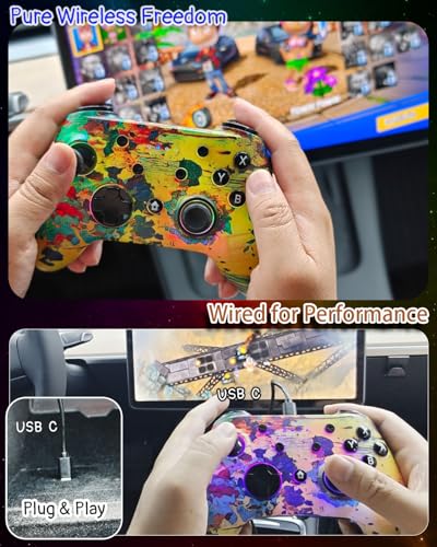 Wzuiсov RGB Wireless Game Controller for Switch/PC/iPhone/Android - Bluetooth & USB-C Wired with Phone Mount, USB C to A Adapter, Tablet, TV Box & Tesla Compatible - color: Greed&Yellow
