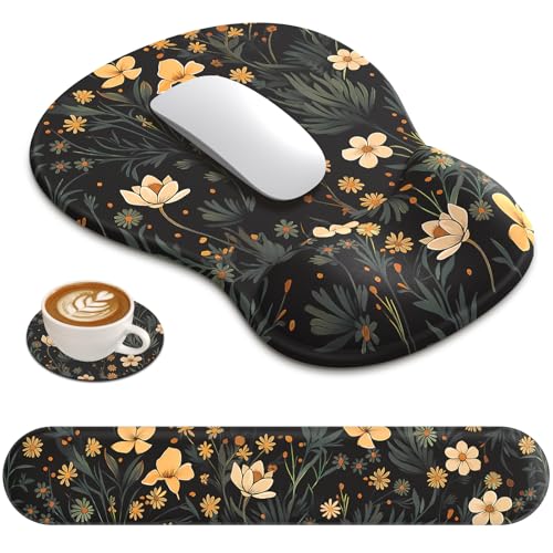 AKIT Ergonomic Mouse Pad and Keyboard Wrist Rest,Memory Foam,Flower Black | 3-in-1 Set Iincludes Mouse Pad and Keyboard Wrist Rest; Memory Foam for Comfort;Suitable for Home, Office, Gaming - color: Flower Black