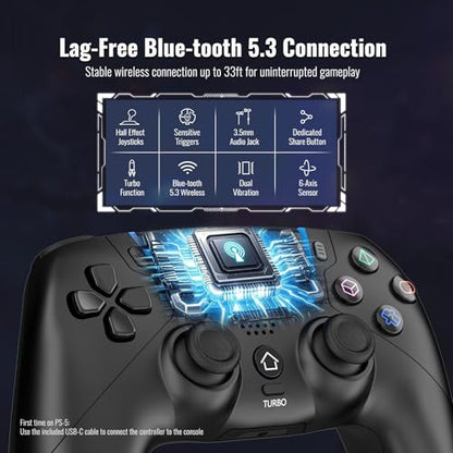 BETMI Wireless Controller for PS-5/Pro/Slim/PC with Hall Joysticks (Black) | Bluetooth Gaming Controller with LED Channel Light/Turbo/6-Axis Gyro/Dual Vibration/Touchpad/3.5mm TRRS Audio Jack/Speaker