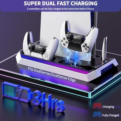 PS5 Cooling Station for PS5/Slim/Pro Disc Digital Console, PS5 Stand Cooling Fan Station with RGB Lights & 3 Level Fan, PS5-Controller Charger, PS5-Accessories with 3 USB Ports, Headset Holder - color: RGB White&Black