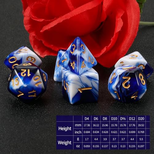 QMAY DND Dice Set - 7 Pcs Polyhedral Dice with D&D Dice Bag for Dungeon and Dragons, RPG, MTG, Role Playing Games Dice (Blue Mix White) - color: Blue and White