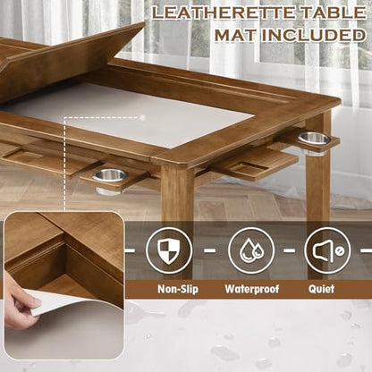 63"x39" Board Game Table with Removable Top Solid Wood Dining/Gaming Table | Gaming Table for 4-6 Players with Play Mat, 6 Detachable Cup Holders & 6 Hobby Trays (Light Walnut) - color: Light Walnut