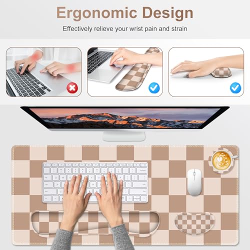 Beige Khaki Checkered Mouse Pad Set, 4 in1 Large Gaming Ergonomics Keyboard Desk Mat with Memory Foam Wrist Rest, Extended Game Mousepad, Non-Slip Desk Pad Matt Easy Typing Pain Relief - color: Beige Khaki Checkered
