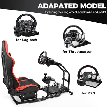 Steering Wheel Stand Racing Cockpit with Red Seat Unobstructed Design for Both Legs Fit for Logitech G29 G920 G923 G25, for Thrustmaster T300RS T80 T150 Adjustable No Steering Wheel, Handbrake, Pedals