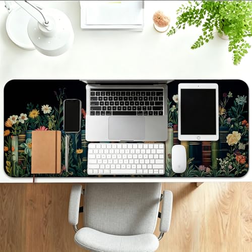 Fantasy Pretty Wildflower and Book Gaming Desk Mat, Computer Keyboard Large Extended Long Floral Mouse Pad for Office and Home, XL (W02) - color: W02