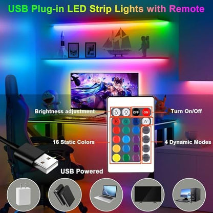 USB LED Strip Lights,16.4ft 5V USB Powered RGB LED Tape Light,Remote Control, Flexible TV Backlight for PC Monitor Desk Bedroom Decor - size: 16.4ft