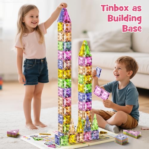 Clear Crystal Glitter Magnetic Tiles: Diamond Building Blocks for Kids | 60PCS Metal Storage Box, Compatible With Most Tile Sets, Strong Magnets, Ages 4-8, 60+ Mins Play Travel & Home Fun - style: Medium Magnetic Tiles - 60PCS