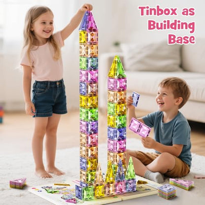Clear Crystal Glitter Magnetic Tiles: Diamond Building Blocks for Kids | 60PCS Metal Storage Box, Compatible With Most Tile Sets, Strong Magnets, Ages 4-8, 60+ Mins Play Travel & Home Fun - style: Medium Magnetic Tiles - 60PCS