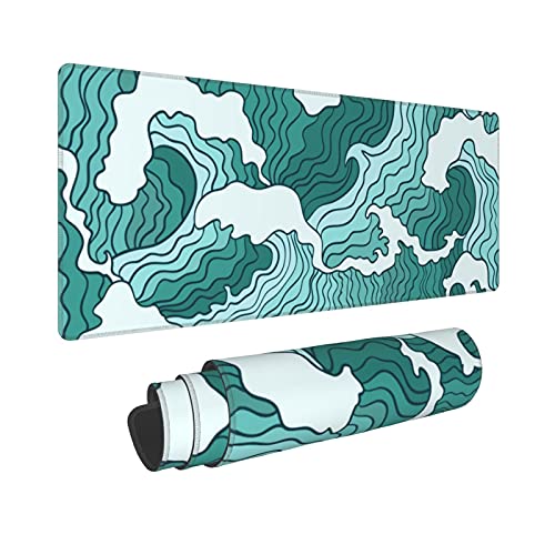 Japanese Green Wave Gaming Mouse Pad XL, Large Desk Mat 31.5x11.8 | Portable large desk pad fits gaming setup, home study and workstation; great decorative desk accessory. - color: Japanese Green and White Wave