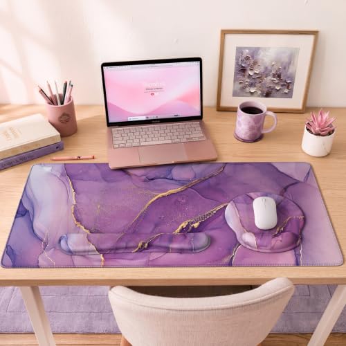 iCasso Purple Ergonomic Large Mouse Pad with Wrist Support, 4in1 XXL Desk Mat Set- Keyboard Wrist Rest + Mouse Wrist Rest + Coaster, Marble Style Desk Pad Mousepad - color: 1-Purple Marble